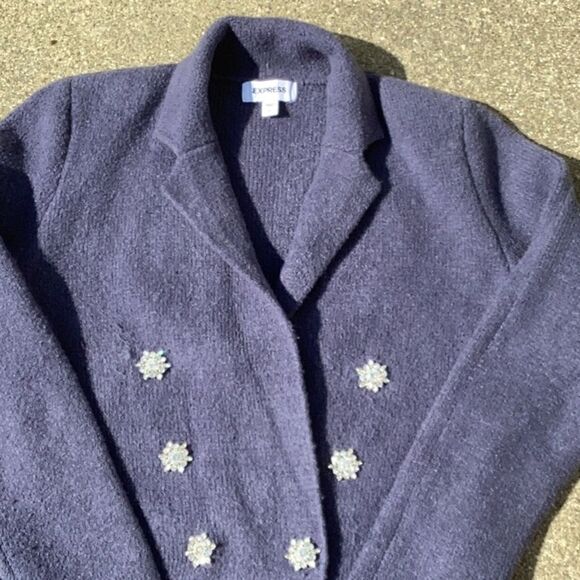 EXPRESS WOMENS SWEATER BLAZER DOUBLE BREASTED RHINESTONE EMBELLISHED BLUE SMALL - Picture 6 of 10